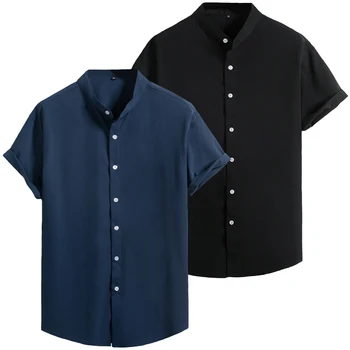 Yeni Moda 2024 Yaz erkek Düz Gömlek Standı Yaka Kısa Kollu Düz Renk Casual Düğme Aşağı Siyah Elbise Gömlek erkekler için