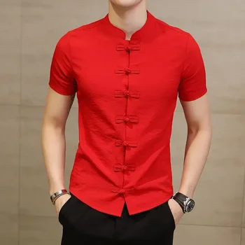 Adam Çin Geleneksel Tarzı Gömlek Yaz Kısa Kollu Toka Düğme Gömlek Standı Yaka İnce Beyaz Kırmızı Gömlek Erkek Artı Boyutu