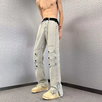 Kot erkek Amerikan tarzı pantolon Yüksek sokak moda yıkanmış düz bacak fermuar yarık mikro flare pantolon