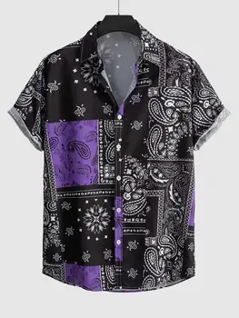 2024 Erkekler Paisley Baskı Kısa Kollu gömlek Retro Etnik Grafik erkek gömleği Yatak Açma Kısa Kollu 4 Yönlü Streç Kumaş Gömlek