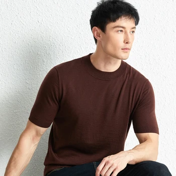 Erkek Kamgarn İnce Yün Kazak Rahat Moda Öğe Zarif Yarım Kollu Örme T-shirt Günlük İş yüksek Anlamda