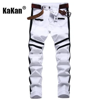 Kakan-Erkekler için Yeni Slim Fit Elastik Delikli Kot Pantolon, Kişiselleştirilmiş Trend Beyaz Uzun Kot Pantolon K59-103