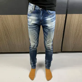 Yeni Tasarımcı Moda Erkek Kot Yüksek Kaliteli Retro Mavi Streç Slim Fit Yırtık Kot Erkekler Yamalı Marka Vintage Denim pantolon