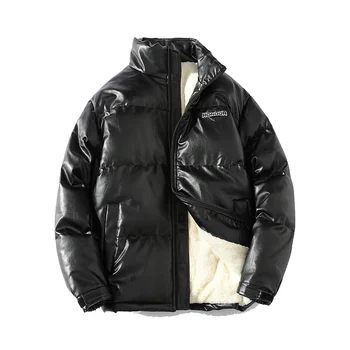 2023 PU Deri Kalınlaşmak Sıcak Polar Erkek Parkas Kış Standı Yaka Mektup Baskılı günlük ceketler Coats Dış Giyim