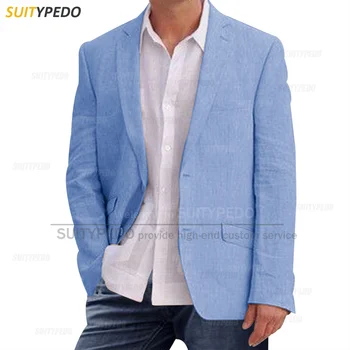 Mavi Keten Erkek Blazers Moda Slim Fit 2 Düğmeler Takım Elbise Ceket 2023 Yaz İş Düğün Smokin Rahat Plaj Erkek Ceket 1 adet