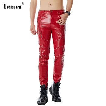 Ladiguard 2023 Seksi PU deri pantolon Erkek Sıska Pantolon Punk Tarzı Moda Fermuar Pantalon Kırmızı Yumuşak Suni Deri Dans Pantolon