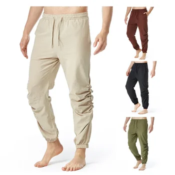 2023 Erkek Pamuk ve Keten İpli Elastik Bel Rahat Koşu Yoga Pantolon erkek bol pantolon