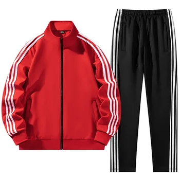 Bahar Sonbahar Eşofman Erkekler Zip Cep Setleri Moda Çizgili Spor Takım Elbise Kazak + Sweatpants Erkek Hırka spor setleri Kırmızı