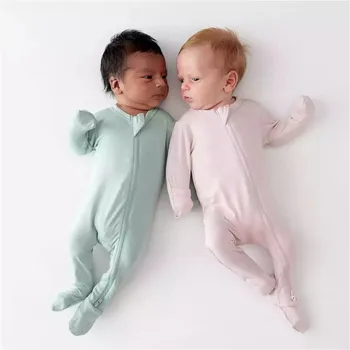 Bebek Romper Bambu Elyaf Erkek Bebek Kız Giysileri Yenidoğan Fermuar Footies Tulum Katı Uzun Kollu Bebek Giyim 0-24M