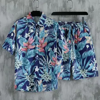 Yeni Moda havai gömleği şort takımı Erkek Baskı Seti Kısa Kollu Yaz Casual Çiçek Gömlek Plaj İki Parçalı Erkek Setleri M-5XL