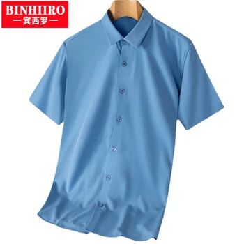 BINHIIRO Yaz erkek kısa Kollu gömlek Nefes Streç Rahat Düz Renk Basit erkek İş Rahat Gömlek
