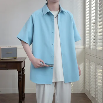 İlkbahar / Yaz erkek gömleği Saf Pamuk Katı Çok fonksiyonlu Gömlek Kısa Kollu Polo Boyun Üst Rahat Hong Kong Tarzı Gömlek
