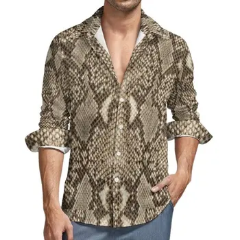 Yılan derisi Desen Baskı erkek Gömlek Casual Tek Göğüslü Bluzlar Uzun Kollu Gömlek Streetwear Trend Yaka Üstleri Erkek Giyim
