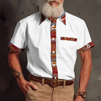 2023 moda erkek havai gömleği kısa kollu 3D etnik baskı gömlek plaj gömlek retro yaka gömlek yaz büyük boy gömlek 5XL