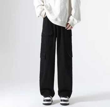 2023 Kış Rahat Düz Renk Kargo Pantolon erkek Moda Yüksek Sokak Yakışıklı Düz Bacak Pantolon Cep moda Kot