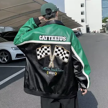 Erkek Ceket PU Deri Yeşil Gevşek Patchwork Mektup Baskı Yarış Kadın Bombacı Ceket Moda Kıyafetler Vintage Motosiklet Ceketler