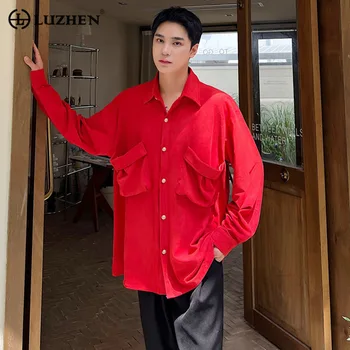 LUZHEN 2023 Sonbahar Düz Renk Cepler Süslemeleri Tasarım Casual Gömlek erkek Moda Yüksek Kaliteli Kore Zarif Gevşek Üstleri 44d0ac