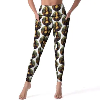 Mona Lisa Tayt Cepler İle Ünlü Resim Desen Yoga Pantolon Push Up Spor Yoga Legging Kadınlar Retro Elastik spor pantolonları