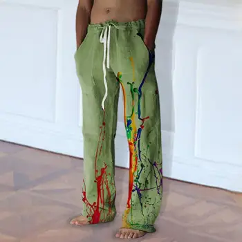 Erkek Pantolon Pantolon Renkli Graffiti Baskı dökümlü pantolon Elastik Kemer ile İpli Cepler Erkekler için Geniş Bacak Yaz için