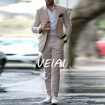 Yeni Keten Yaz Plaj Düğün slim fit uzun kollu erkek gömlek Takım Elbise Damat Doruğa Yaka Damat Takım Elbise Kostüm Homme 2 Parça (Ceket + Pantolon)