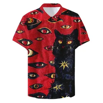 Erkek gömleği Güzel Kedi Grafik Tişörtleri Tops Turn-aşağı Yaka Düğmeli Retro Trend Giyim Rahat Nefes Gömlek erkekler İçin