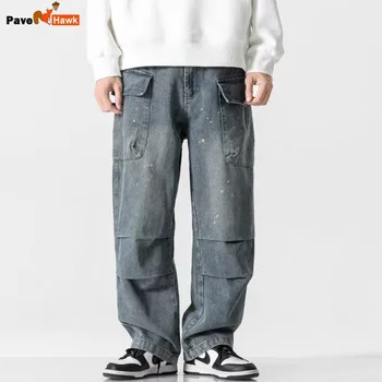 Erkek Retro Düz Kot Gevşek Sıçrama mürekkep Yıkanmış Pantolon Yüksek Sokak Baggy Rahat Unisex Cep Plise Geniş bacak Denim Pantolon