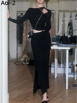 Zarif Banliyö Siyah Örme Takım Elbise kadın Sonbahar Kış Eğimli Omuz Taban Gömlek Üst + Uzun Etek Seksi Baharat Kız 2 Parça Set