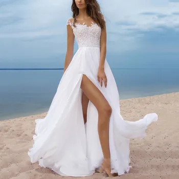 2023 Yaz Dantel Şifon Elbiseler Kadınlar için Beyaz Abiye Uzun Lüks Parti Seksi Kat Uzunlukta Elbise Düğün Bölünmüş Elbise
