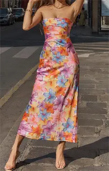 Yeni Moda Kadınlar Uzun Bodycon Elbise Çiçek Baskı Tekne Boyun Straplez kalem elbise Yaz Backless Parti Elbise Sıcak Satış S M L