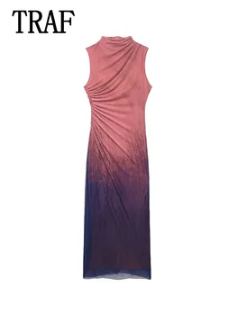 TRAF Tül Pilili Elbise Kadın 2024 kadın elbisesi Kış Bodycon Elbise Kadın Kolsuz Uzun Elbiseler