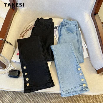 Kadın Vintage İnce Y2K Harajuku Kot Geniş Bacak Yüksek Bel Alevlendi Pantolon 2023 Sonbahar Kış Kadın Sokak Tarzı Kot Pantolon