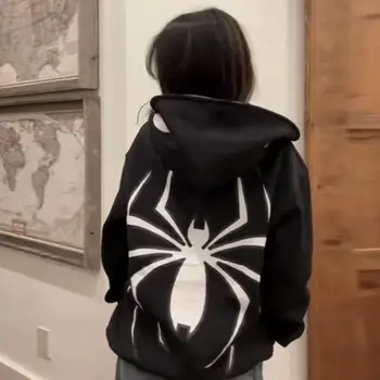 Örümcek baskılı kapüşonlu svetşört fermuarlı kapüşonlu kıyafet Örümcek Baskı Unisex kapüşonlu ceket Yumuşak Peluş Yüksek Sokak Hop Tarzı Kış Cadılar Bayramı için