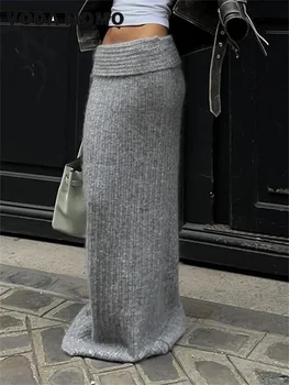 Moda Sokak Stili Alçak Düz Uzun Etekler Kadınlar için y2k Harajuku Kıyafetler Vintage Bayan 2023 Yeni Sonbahar Kış Örgü Etek