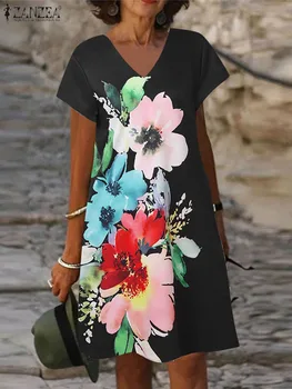 ZANZEA Moda Çiçek Baskılı Elbise Bohemian Tatil Elbiseler Yaz Rahat Kısa Kollu Vestidos Kadın Zarif Tatil Sundress
