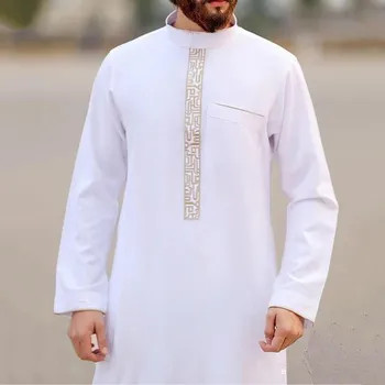 Erkek Moda Pamuk Karışımı Müslüman Elbise Giyim Gevşek Tarzı Uzun Kollu Baskılı Desen Gömlek Retro Elbise Erkekler İçin 2024 Bahar