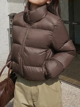Aşağı Pamuk Ceketler Kadın Vintage Kısa Parkas Kadın Sonbahar Kış Sıcak Dolgu Ceket Bayanlar Rahat Moda Standı Yaka Ceket