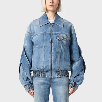 2024 Bahar Yeni kadın ceketi Y2k Vintage Yıkanmış Dokuma Etrafında Kollu Çarpıntı Dekorasyon Moda Gevşek Denim Ceket Üst