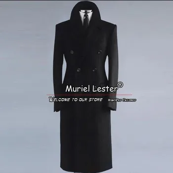 Lacivert Takım Elbise Ceketleri Resmi Damat Smokin Dış Giyim Çift Göğüslü Palto Tüvit Yün Karışımı Trençkot Uzun Erkek Palto 2024