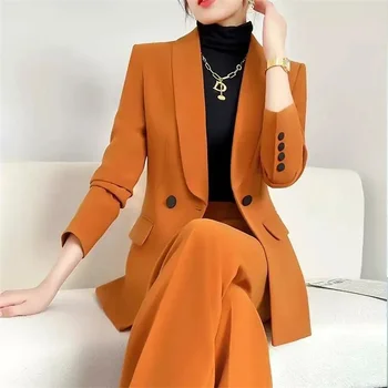 Moda Yeşil Meyve Yaka Turuncu Takım Elbise Kadın 2023 Bahar Giysileri Yeni Mizaç Eğlence Profesyonel Takım Elbise İki Parçalı Gelgit