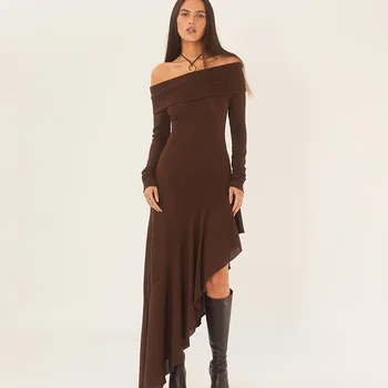 Kapalı Omuz Tam Kollu Ruffles uzun elbise Seksi Y2K Sıska Yan Bölünmüş Zarif Vestidos 2023 Yaz Kadın Streetwear