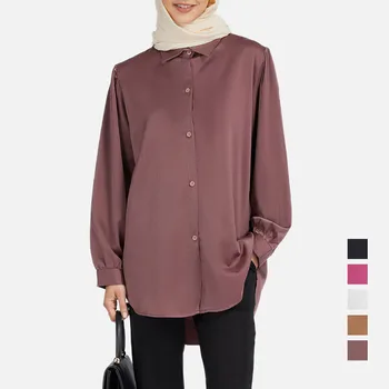 Moda İpek Müslüman kadın Giyim Katı Hırka Yaka Üstleri İslam Orta Doğu Basit Gevşek Kostüm Retro Gömlek 2023 Yeni
