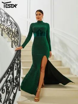 Yesexy Zarif Parti Elbiseler Kadınlar İçin 2023 Resmi Standı Yaka Korse Glitter Yeşil Bölünmüş Balo Parti Elbise