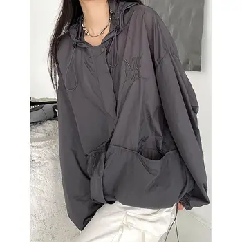 Deeptown Harajuku Vintage Ceket Kadın Gorpcore Büyük Boy Parça Ceketler Kore Streetwear Rüzgarlık Rahat İnce Ceket Açık