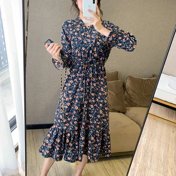 Yeni İlkbahar / sonbahar Kore Tarzı Kadın Rahat V Yaka Parlama Kollu Elbise Vintage Zarif İnce Baskı Kadife A-line Elbiseler A935