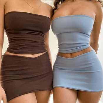 Kadınlar Seksi İki Parçalı Etek Seti Straplez Tüp Kırpma Üst Bodycon Mini Etek Y2K Düz Renk Dantelli Kıyafet