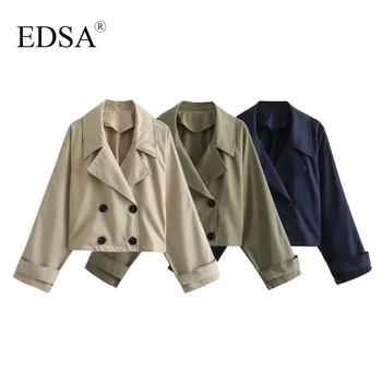 EDSA Kadınlar Vintage Siper Kırpılmış Ceket Sonbahar Kış Uzun Kollu Kruvaze Yeni Giyim Chic Tops