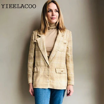 Kayısı Ekose Ceket Sonbahar / Kış kadın ceketi Tüvit Uzun Kollu İş Bayanlar Tek Parça Ceket Ceket