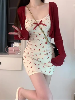 Tatlı 2 parça Elbise Seti Kadın Kırmızı Uzun Kollu Hırka + Kayış Çiçek Y2k Mini Elbise Parti Kore moda elbise 2023 Sonbahar Şık