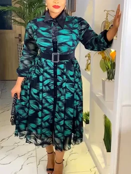Şık Kadın Baskılı Ofis İş elbisesi Turn-aşağı Yaka Uzun Kollu Şifon Zarif Orta Giyim İle bel kemeri Sonbahar Gevşek Giyim