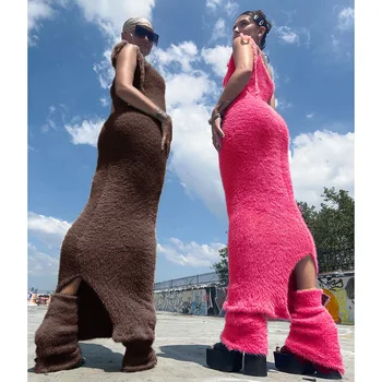 Y2K Kürk Tek Parça Elbise Legging Kadınlar Lace Up Seksi Giyim 2023 Sonbahar Kadın Sokak uzun elbise Parti Akşam Vestido